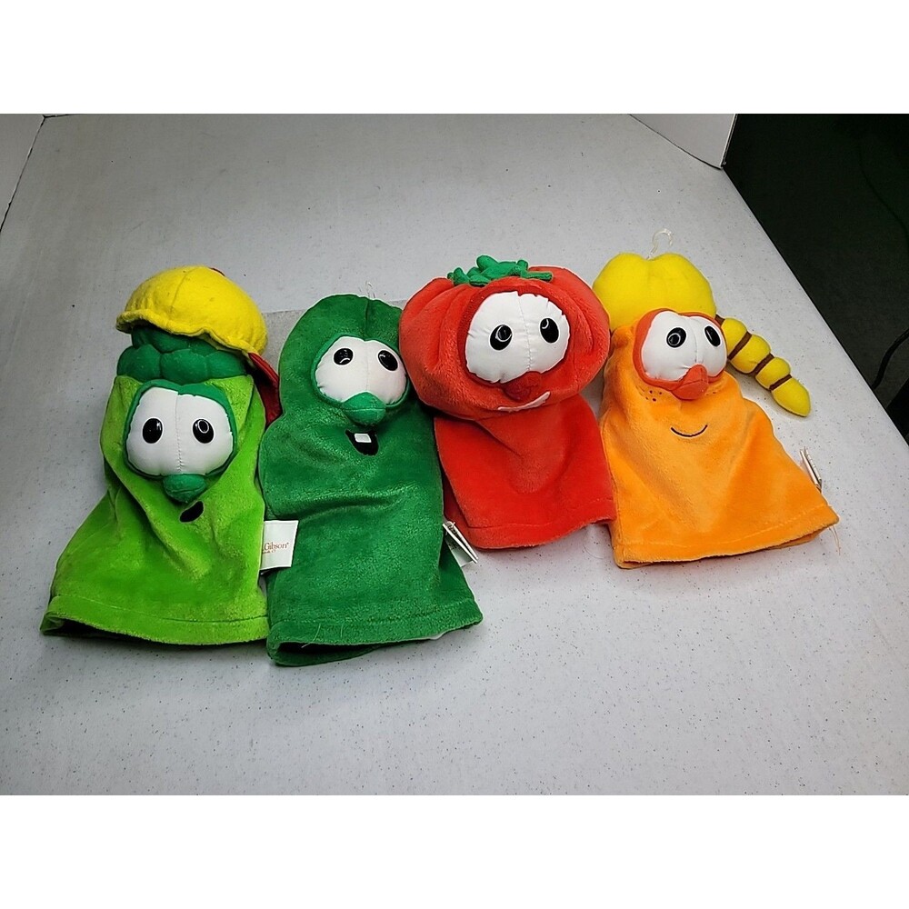 Veggietales Hand Puppets Lot Of 4 Gibson Bob Larry Jr Laura Veggie Tales 10"